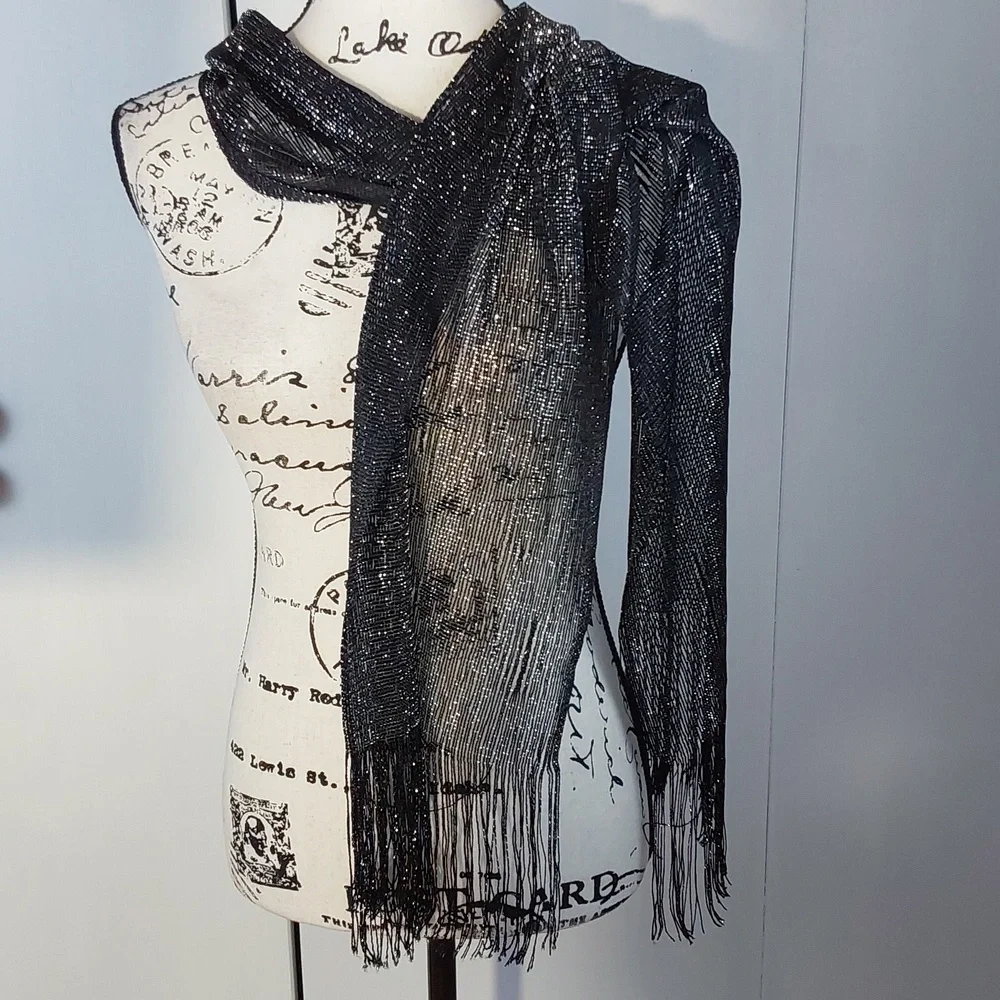 Silver & Black shimmer Metallic scarf with Fringe LARGE